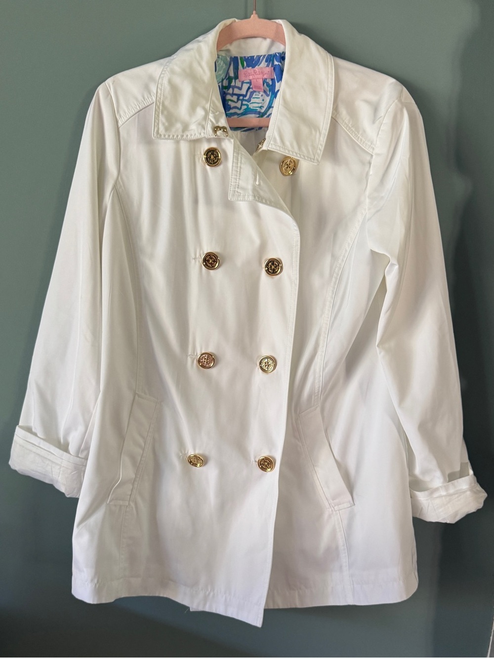 Lilly Pulitzer White Double-Breasted Trench with Gold Buttons
